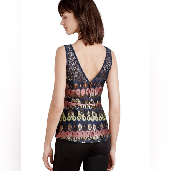 Anthropologie HD in Paris Yana Jacquard Peplum Top Blue Metallic Size 4 - Picture 2 of 16